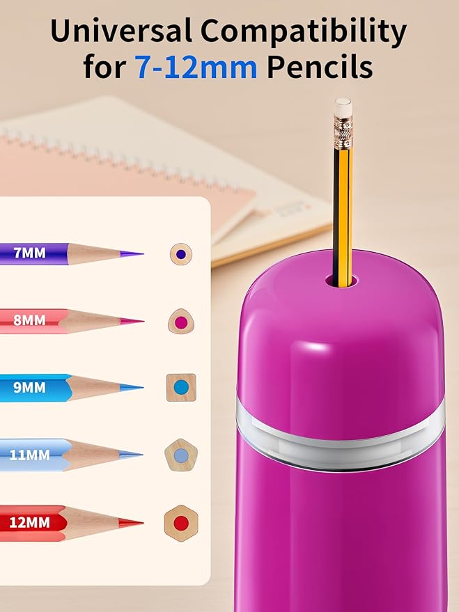 JARLINK Automatic Electric Pencil Sharpener - Hands-Free Operation, 3 Sharpness Modes, 3-Second Sharpening, Rechargeable & Portable for 7-12mm Pencils, Ideal for Classroom and Home Use (Purple)