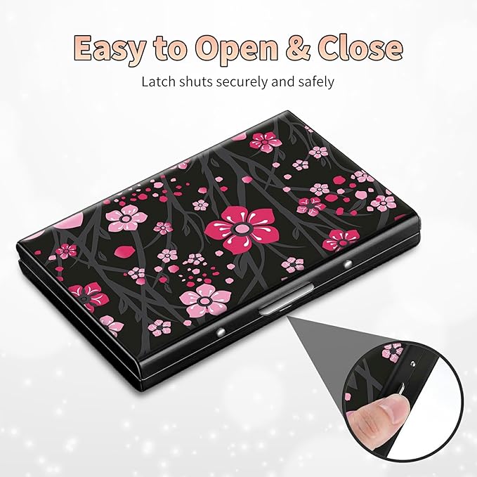 BWEGRHE Slim Credit Card Holder, Pink Cherry Blossom RFID Blocking Metal Wallet for Men & Women, Aluminum Minimalist Hard Case Pocket-Sized Business Cards Organizer (Fits Up to 10 Cards)