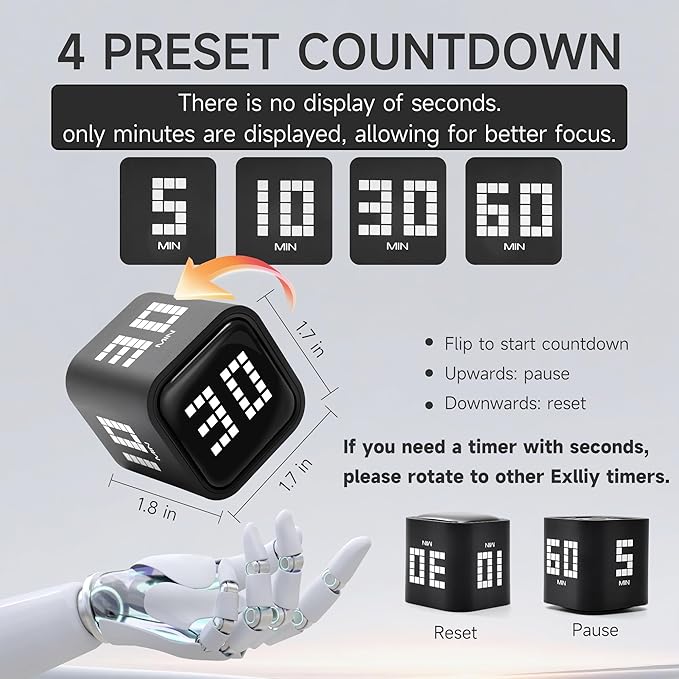 Rotating Productivity Timer 5, 10, 30, 60 Minutes Preset, Desk Cube w/Gravity Sensor for ADHD, Mute Functions, Ideal for Work, Study, Kitchen, Back to School (Black)