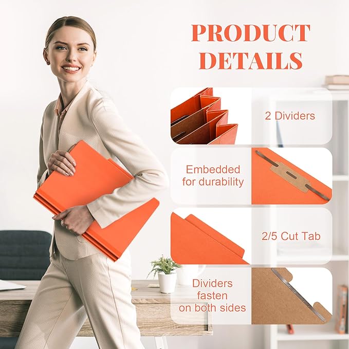 Skyygemm 48 Pcs Classification Folders Letter Size, 2 Divider Pressboard File Folders with 3. 5 Inch Expansion, 2 Prongs Fastener, Heavy Duty Office File Organizers for Teachers, Medical (Orange)