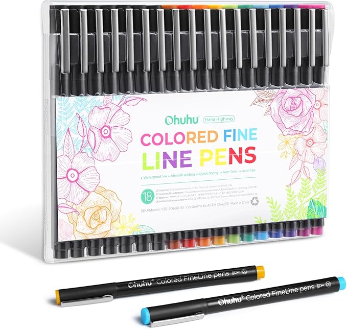 Ohuhu Colored Fineliner Drawing Pens: 18 Packs Fineliners 11 Colored Pens & 7 Assorted Point Sizes Black Micro Pen Waterproof for Drawing Sketching Anime Manga Artists Beginners - Hana Highway