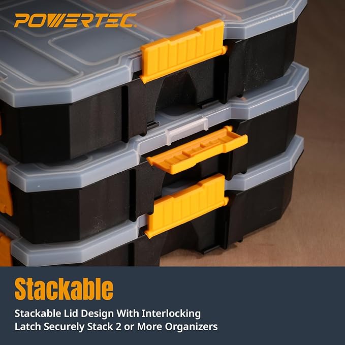 POWERTEC Stackable Tool Box Organizer with Removable Dividers - 17 Compartments, Interlocking, Portable Design, 2-Pack (72118-P2)