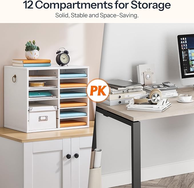HOOBRO Literature Organizers, 12 Compartments Office Mailbox with Adjustable Shelves, Wood Countertop Literature Sorter for Office, Home, Classroom, Mailrooms Organization White WT12WF01