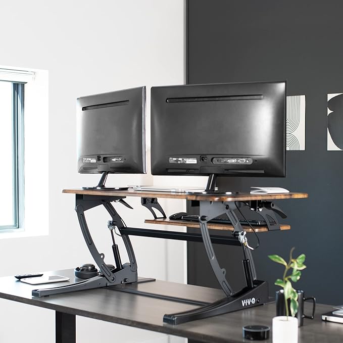 VIVO 42 inch Height Adjustable Stand Up Desk Converter, V Series, Quick Sit to Stand Tabletop Dual Monitor Riser Workstation, Rustic Vintage Brown Top, Black Frame, DESK-V000VLN