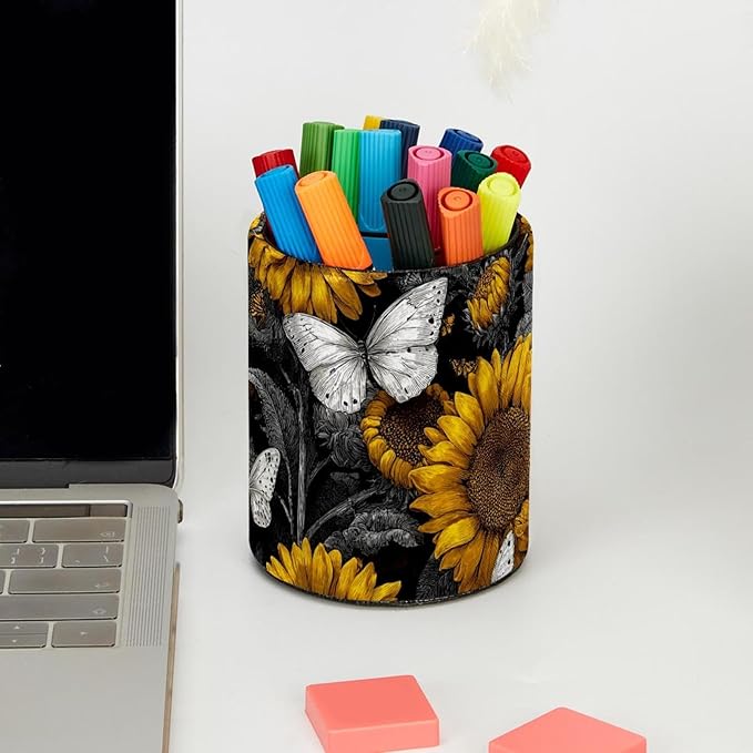 Leather Pen Holder for Desk Sunflower Butterfly Pencil Cup Desktop Organizer Makeup Brush Holders Office Supplies for Home, Kids & School
