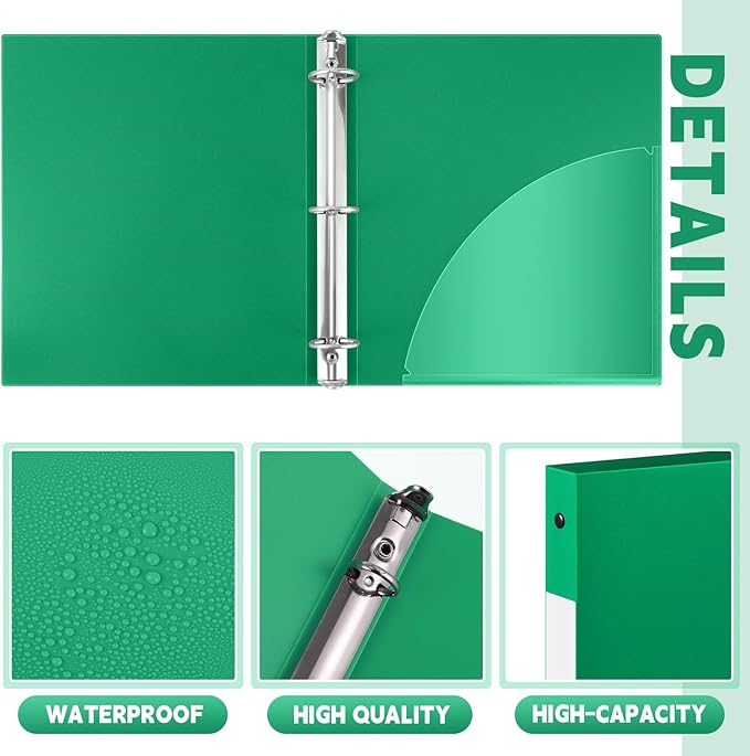 Henoyso 48 Pcs 3 Ring Binder 0.5 Inch Round Fits Letter Size 8.5'' x 11'' Paper Plastic Flexible Binder Bulk Holds 140 Sheets with 1 Pockets Versatile Organizer for Home Office School (Green)
