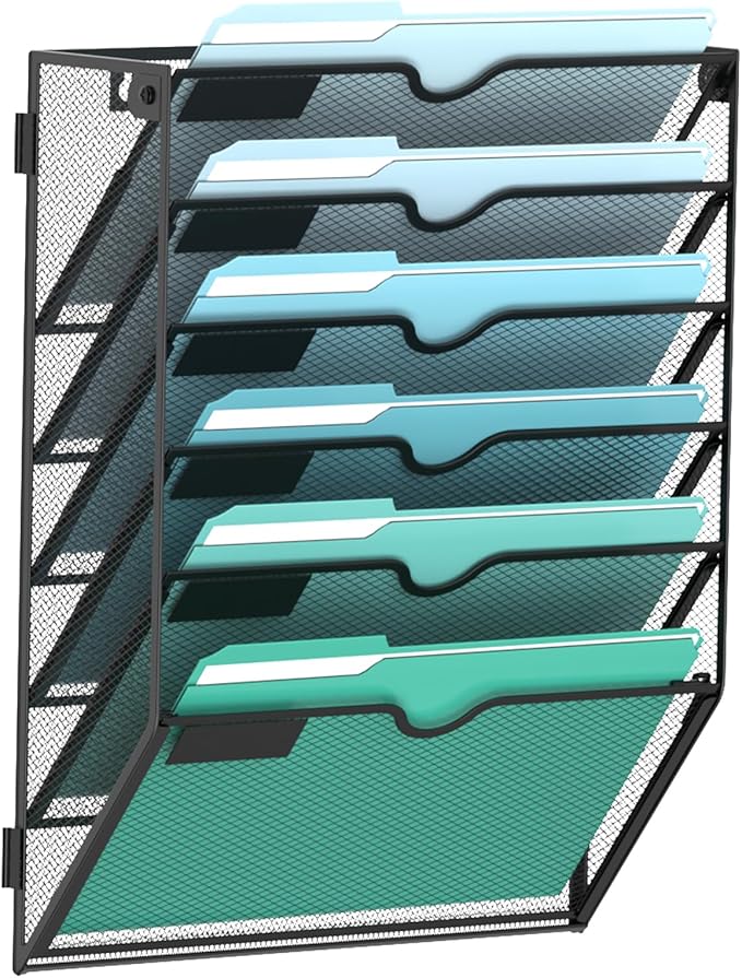 SUPEASY 6-Tier Wall File Organizer, Hanging Wall Files for Papers, Folders, Magazines, Wall Organizer for Clipboard, Assembly Needed, Black