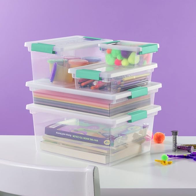 Sterilite 6-Pack Clip Box, Stackable Clear Plastic Bins with Latching Lids, Mini - Writing, Arts or Crafts Supplies Storage Containers for Home, Office, Classroom and Workshop Organization