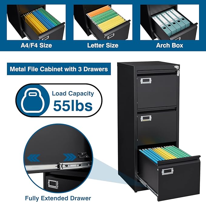 PEUKC 3-Drawer File Cabinet, 16.3" Deep Vertical Filing Cabinet with Lock, Metal File Cabinet for Home Office, Anti-Tip 3 Storage Drawers for Letter/Legal/A4/F4 Size, Assembly Required, Black
