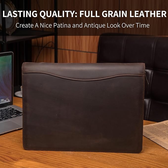 Geslun Personalized Genuine Leather Portfolio, Legal Size 8.5 x 14 Pad Holder, Custom Engraved Business Padfolio for Men Women, Zippered 14" Laptop Organizer, Professional Notepad Folio, Dark Brown