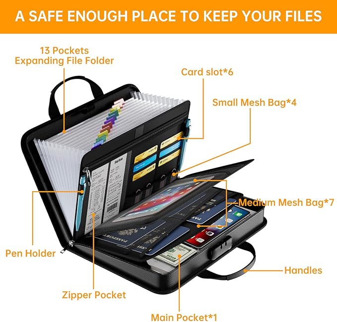 DocSafe Accordion File Organizer with Combination Lock,Fireproof Water Resistant Expanding File Folder with Multi Pockets,Document Organizer Home Office Travel Safe Storage for Letter Size Files,Black