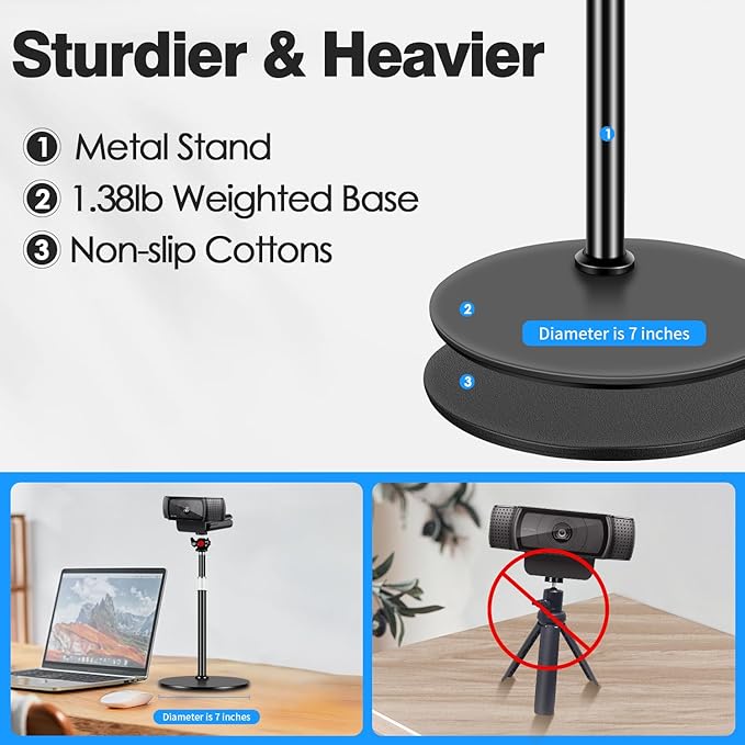 Nycetek Webcam Tripod Stand for Desk: Webcam Stand for Logitech Brio | C920 | C922 | C615 | C930e - Height & Angle Adjustable Desktop Tripod for Light & 1/4" Thread for Live Streaming | Video Calling