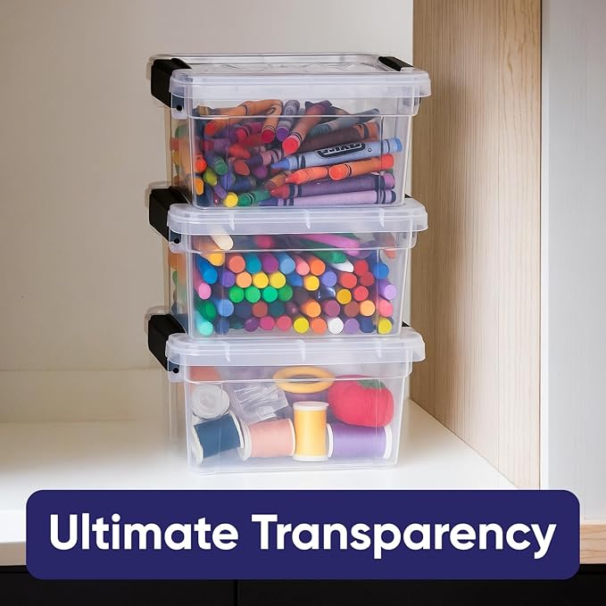 Superio Mini Storage Container Plastic Crayon Box Art Supplies and Sewing Case Stackable Clear Small Organizer for Beads, Stationery, Chalk, and Food, 1.4 Quart, 2 Pack