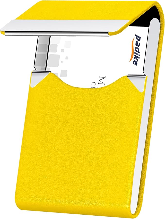 Padike Professional Business Card Holder PU Leather Business Card Case Name Card Holder Slim Metal Pocket Card Holder with Magnetic Shut (Y-Yellow)