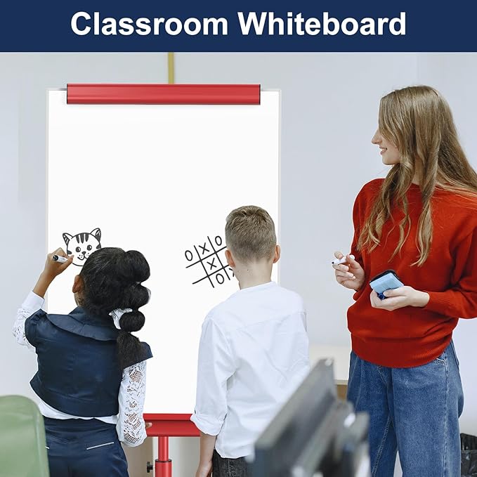 TSJ OFFICE Rolling Whiteboard Standing - 40 x 26 Inches Magnetic Mobile White Board with Stand, Height Adjustable Dry Erase Board on Wheels with Paper Clamp on Top, Red