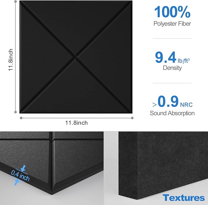 Sonicism 12 Pack X-Lined Acoustic Panels with Self-Adhesive, 12"X 12"X 0.4" Sound Proof Foam Panels, Decorative Soundproof Wall Panels, Sound Absorbing Tile for Home & Offices, Black
