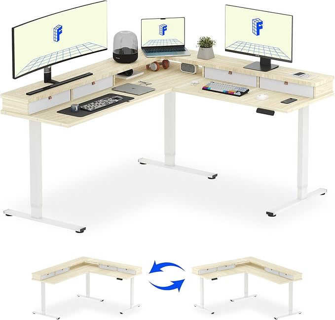 FLEXISPOT 71" L Shaped Standing Desk Electric Corner Table with Shelf, 4 Storage Drawers, Adjustable Computer Workstation for Home, Office, Game, Studio,Light Maple Top + White Frame