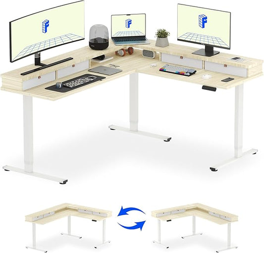 FLEXISPOT 71" L Shaped Standing Desk Electric Corner Table with Shelf, 4 Storage Drawers, Adjustable Computer Workstation for Home, Office, Game, Studio,Light Maple Top + White Frame