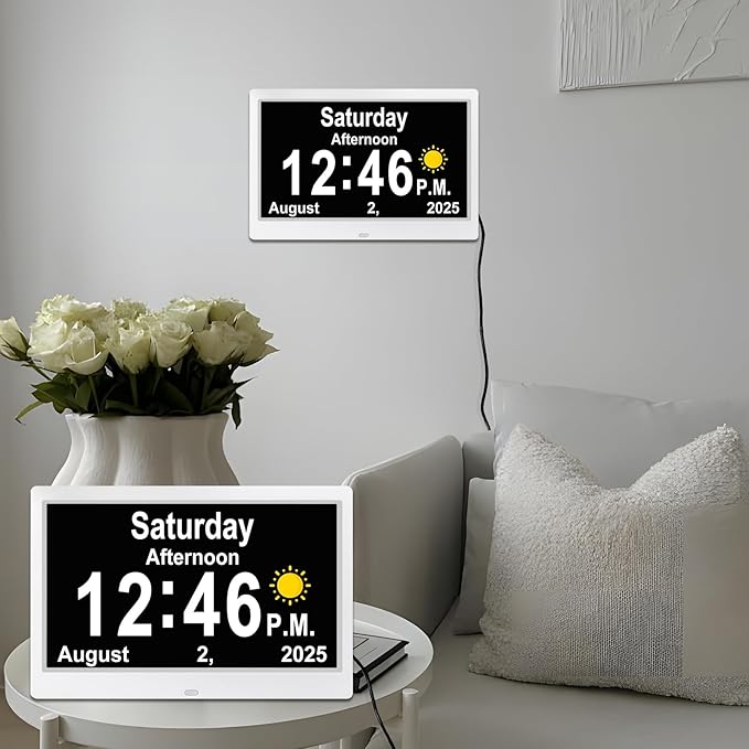 SSYA Dementia Clocks with Day and Date for Seniors,13 Alarms Custom Reminders, Extra Large Digital Calendar Clock for Elderly. (White)