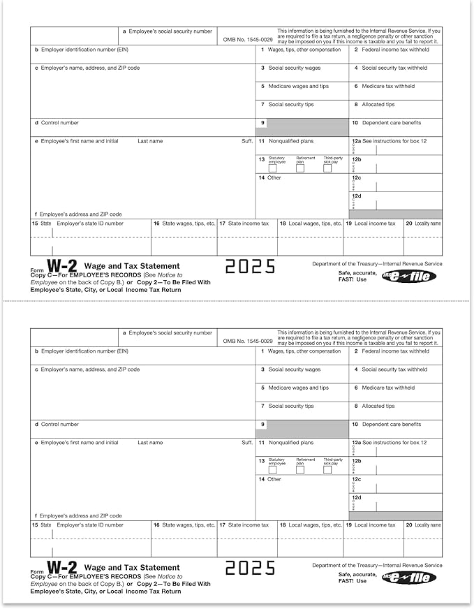 W2 Forms 2025, 6 Part Tax Forms, 25 Employee Kit of Laser Forms Designed for QuickBooks and Accounting Software, 25 Self Seal Envelopes Included