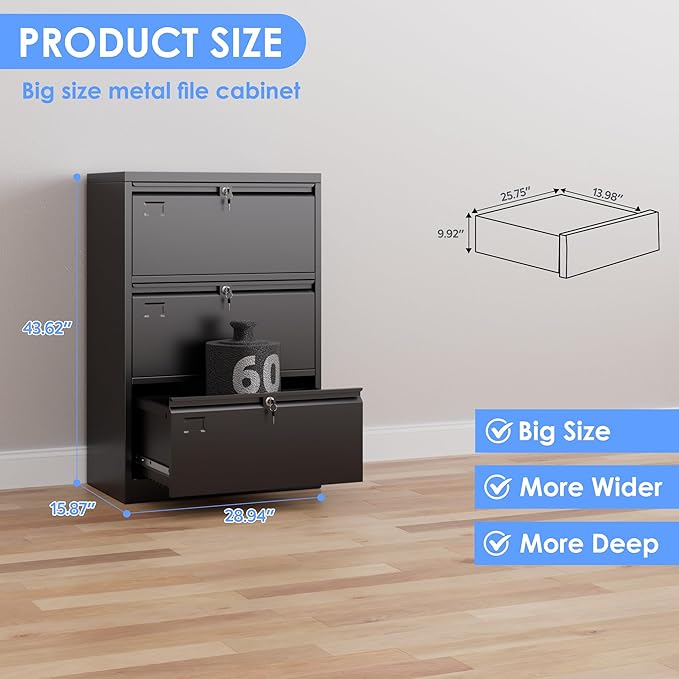 SUXXAN 3 Drawer File Cabinet, Lateral Filing Cabinet with 3 Locks for Home Office, Black File Cabinets with Business Card Holder for Letter/Legal/F4/A4 Hanging Files