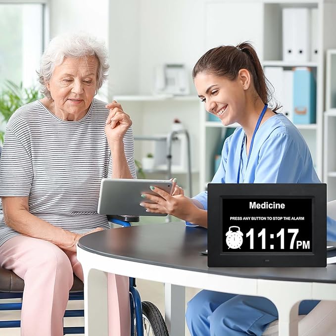 TMC 8 Inch Dementia Clock for Seniors – Large Auto-Dimming Calendar Display with Date & Time, Multi-Language Support, Medicine Reminders & Alarms – Wall or Desk Mount, Integrated Stand (Black, SD)