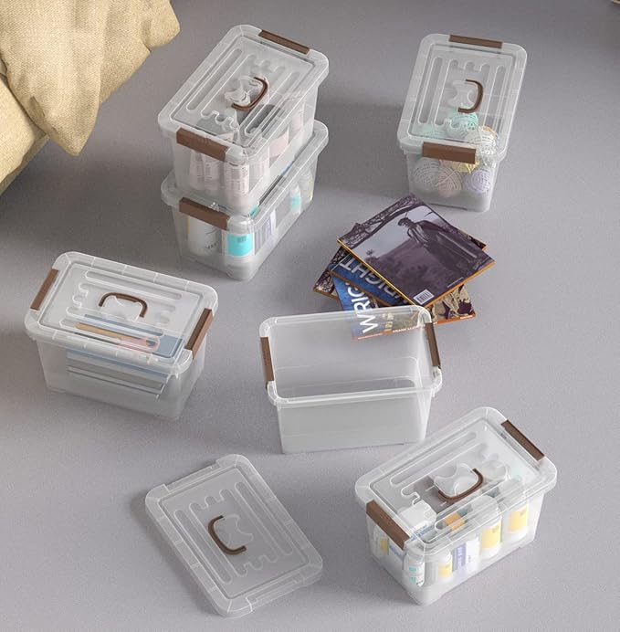 WYT 6-Pack Clear 7 Quart Storage Latch Box/Bins, Plastic Stackable Latching Box with Brown Handle and Lid, Multi-Purpose, 7 Litre