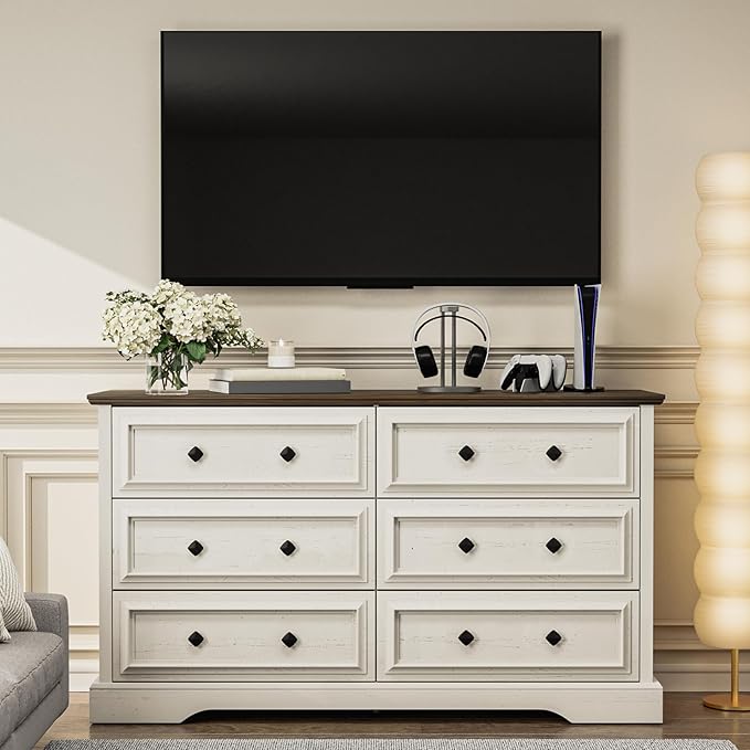 VVFLU Farmhouse 6 Drawer Dresser for Bedroom, 54" Wide Wood Dresser with Natural Texture, Rustic Chest of Drawers for Bedroom with Vintage Metal Hands, for Living Room, Hallway, Antique White