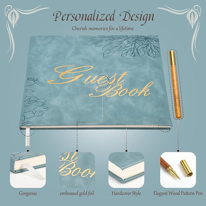 Blue Leather Wedding Guest Book,Polaroid Guest Book for Vacation Home,Wedding Reception,Funeral,Party,Memorial Service,10.3x8'' Embossed Gold Guestbook,House Visitor Guest Sign in Book with Pen