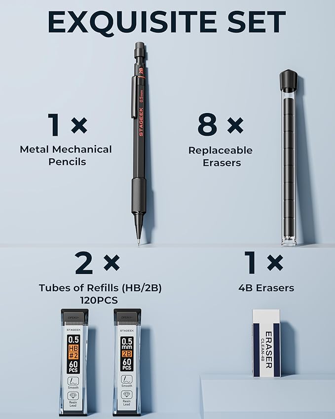 STAGEEK Mechanical Pencils 0.5 with Case, Metal Weatherproof Body Outdoor Artist Mechanical Pencil with 120 PCS HB & 2B Lead Refills, Eraser, for Writing Drafting Drawing and Sketching