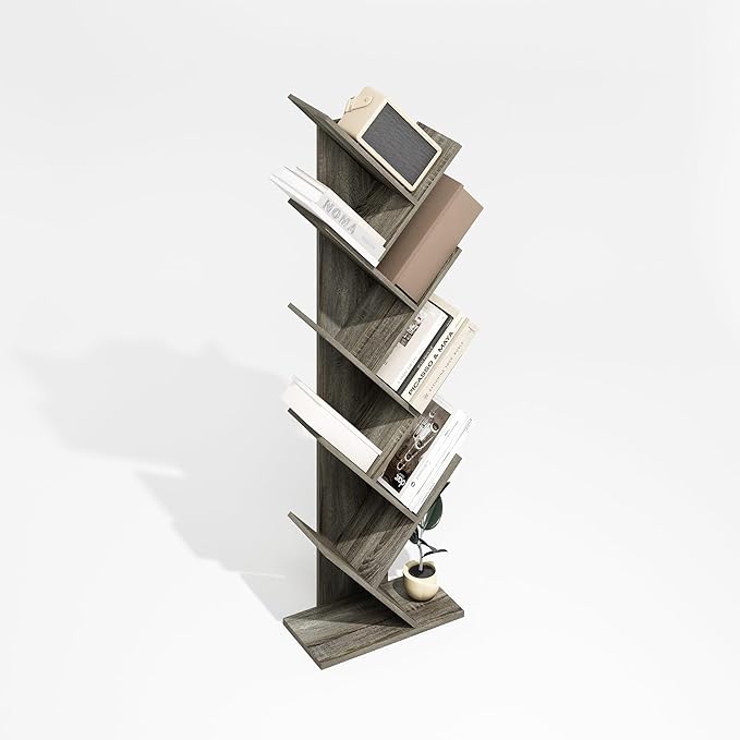 Furinno Tree Book Shelf, 9-Tier Bookshelf, Tree Bookcase for Room Decor, 8.4 x 15.7 x 50.9, for Living Room, Bedroom, Home Office, Grey Oak