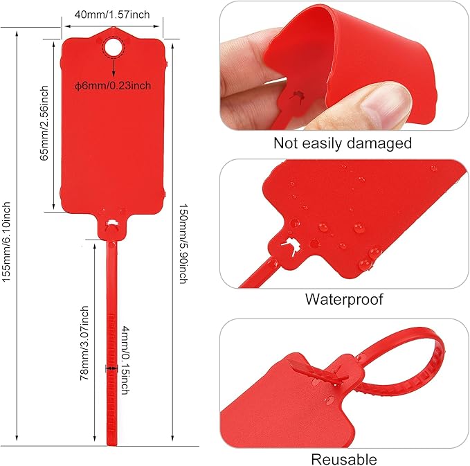 100pcs Blank Plastic Tags for Labeling Reusable Hanging Tags Ties Key Tag Storage Labels Waterproof Plastic Mark Label Writable Hang Sign with One Marker Pen (Red)