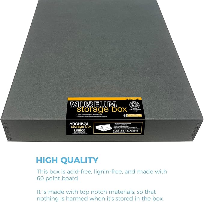 Lineco Museum Archival Storage Box, 17.75x22.75x3 in. Drop Front Design. Acid-Free with Metal Edge. Organize Photos, Pictures, Prints, Documents, Crafts, DIY. Gray, 1 Pack