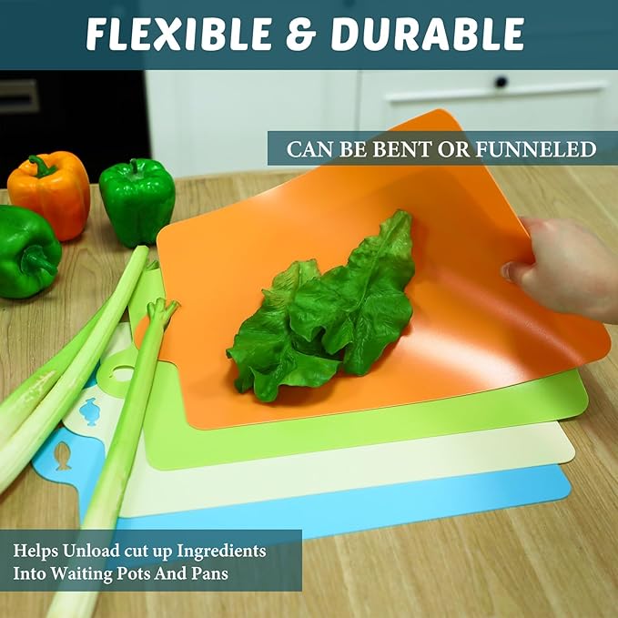 20 Pcs Flexible Cutting Board Mats Plastic Cutting Mats Non Slip Chopping Board Dishwasher Safe Anti Skid Extra Thick Cutting Mats with Food Shaped Hanging Holes for Kitchen Food about 14 x 9.4 inch