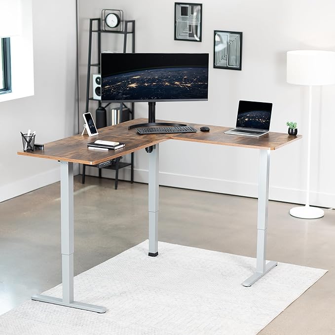 VIVO Electric Corner 63 x 55 inch L-Shaped Standing Desk, Memory Height Adjustment, Rustic Vintage Brown Top Gray Frame, DESK-E3CTGN