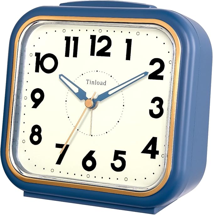 Tinload 5.5" Large Analog Alarm Clock • Silent Non Ticking • Gentle Wake • Beep Sounds • Increasing Volume • Battery Operated Snooze and Manual Light • Retro Blue