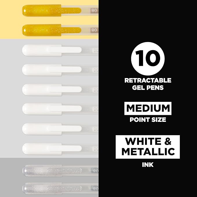 SAKURA Gelly Roll Retractable Gel Pens Colored - Opaque Color Set - Medium Point Ink Pen for Journaling, Art, or Drawing - Colored Gel Pens with White, Gold & Silver Ink - 10 Pack
