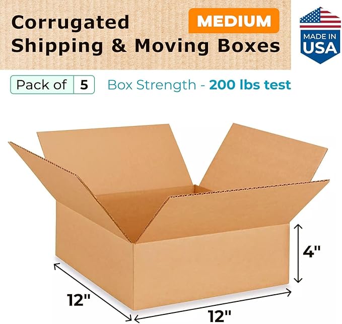 Medium Moving & Shipping Boxes 12 x 12 x 4 inches (5-Pack) - Extra Strength 200 lb vs Regular - Corrugated Durable Packaging Boxes - Medium Moving Box - Cardboard Packing Box by IDL Packaging
