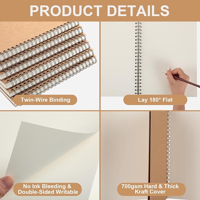 PerKoop 6 Pcs 8.5"x11" Spiral Sketch Pad A4 Large 100 Sheet Blank Notebook Sketch Pads 60lbs (100gsm) Xmas Gifts Sketching Drawing Pad Journals Art Sketchbook for Teachers Students Kids