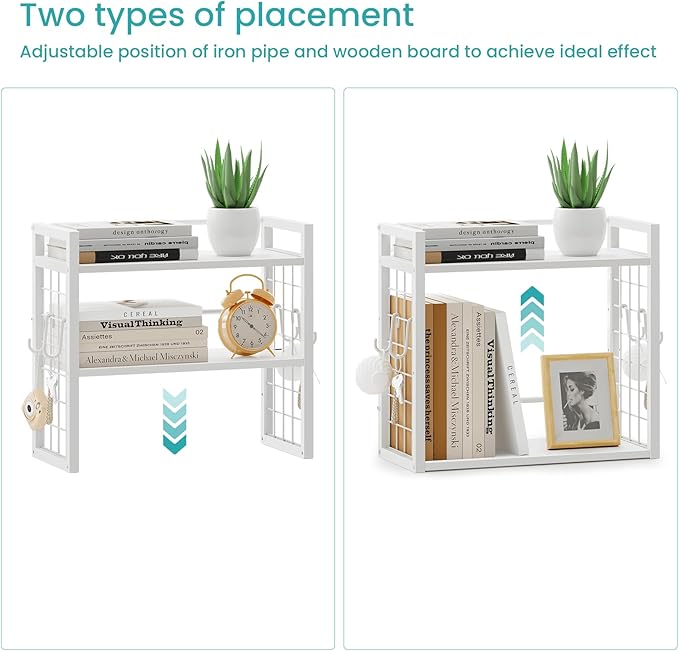 ELITEROO Desk Shelf Organizer, 2 Tier Wood Desktop Bookshelf Storage Rack, Freestanding Tabletop Organizer for Top of Desk, Office Supplies, Books & Decorations, White