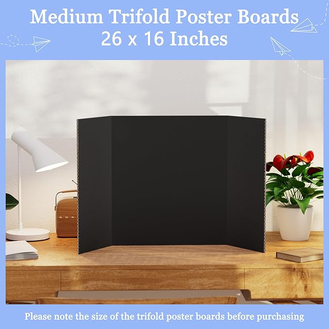AKONEGE 6Pcs Medium Trifold Poster Board, 26" x 16" Black Corrugated Cardboard Tri Fold Poster Boards for School Projects, Presentations, Science Fair, Photo Display, Art Exhibition