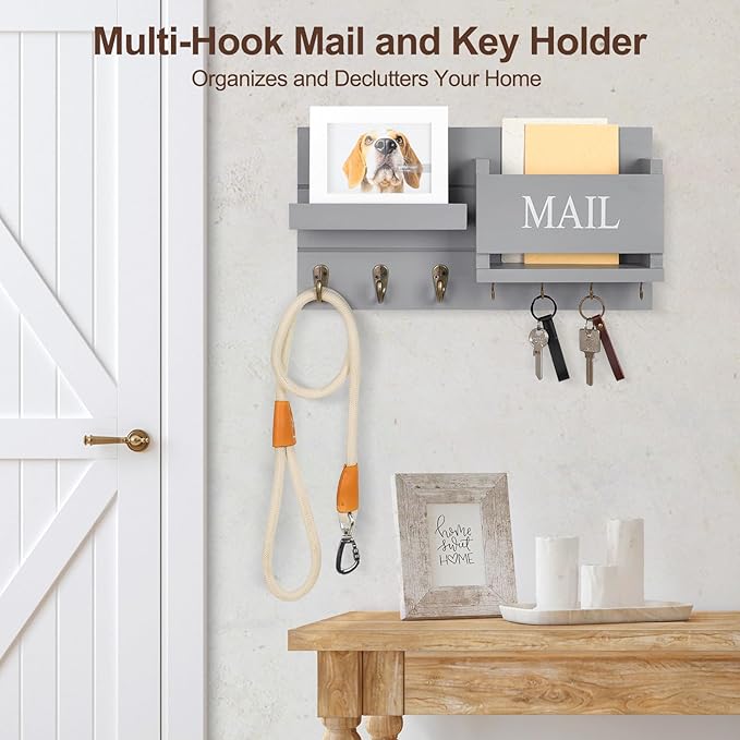 Lwenki Mail Organizer for Wall Mount – Key Holder with Shelf Includes Letter Holder and Hooks for Hallway Farmhouse Decor – Rustic Wood with Flush Mounting Hardware (16.5” x 9.1” x 3.4”) (Gray)