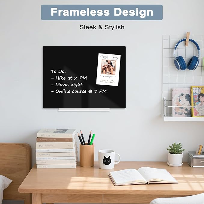Magnetic Glass Whiteboard for Wall, 16" x 12" Glass Dry Erase Board, Large Frameless White Board for Home and Office - Black
