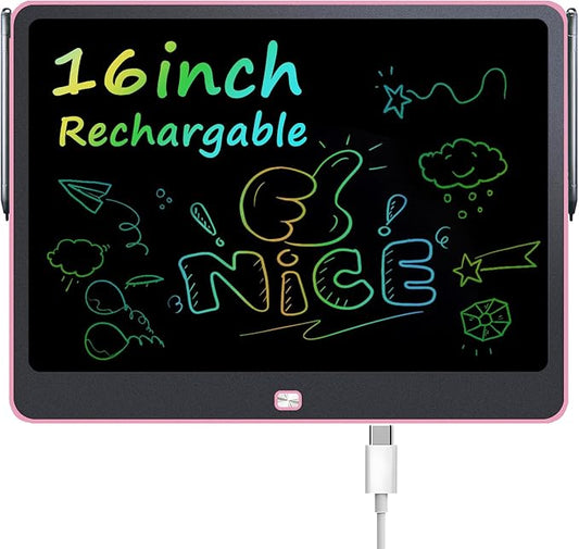 Rechargeable LCD Writing Tablet for Kids, 16 Inch Colorful Drawing Tablet, Educational Toddler Drawing Pad, Reusable Learning Toys for Kids (Ages 3-12), Ideal Gift for Christmas Birthday (Pink)