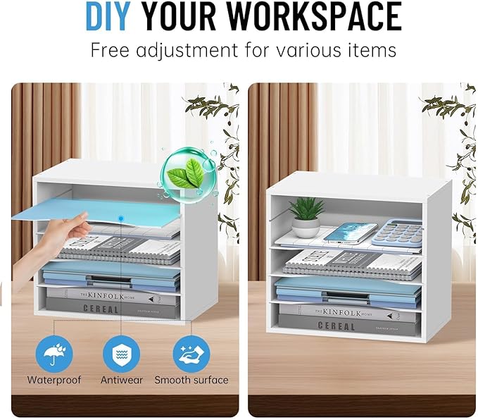 SHARKWOODS 5-Tier Wood Desk Organizer, Paper Tray Organizer for Desk with Adjustable Storage Shelves, Desktop File Organization Paper Sorter Mail Holder for Office Home Classroom, White