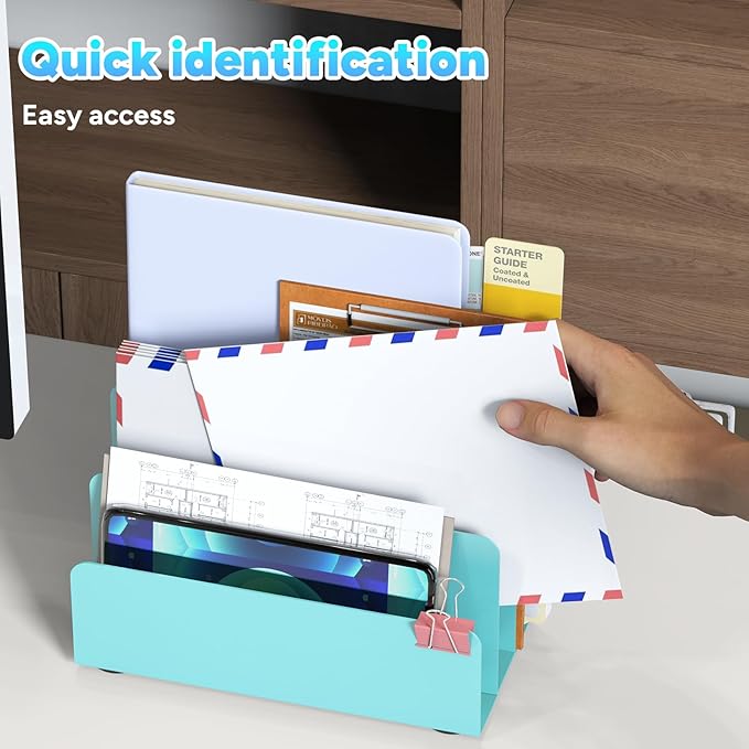 OUTIOE Mail Organizer Countertop, Small Desk File Organizer, Metal File Holder - Essential Workspace Organizers for Office Desk, Home Office (Blue)