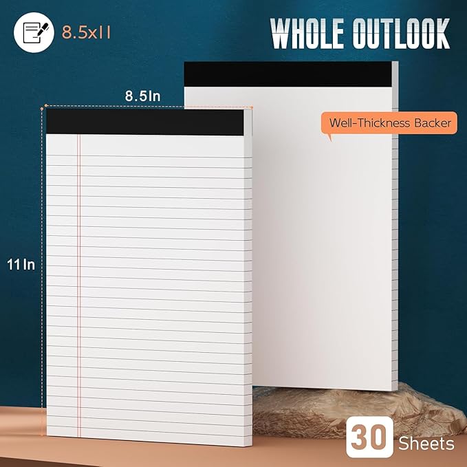 White Legal Note Pads 8.5X 11'', 24 Pack Legal Paper Note Pads, Micro Perforated Wide Ruled Lined Writing Pads 30 Sheets per Notepad Double-Side Printed Note Pad 8.5x11 for Home, Office, School