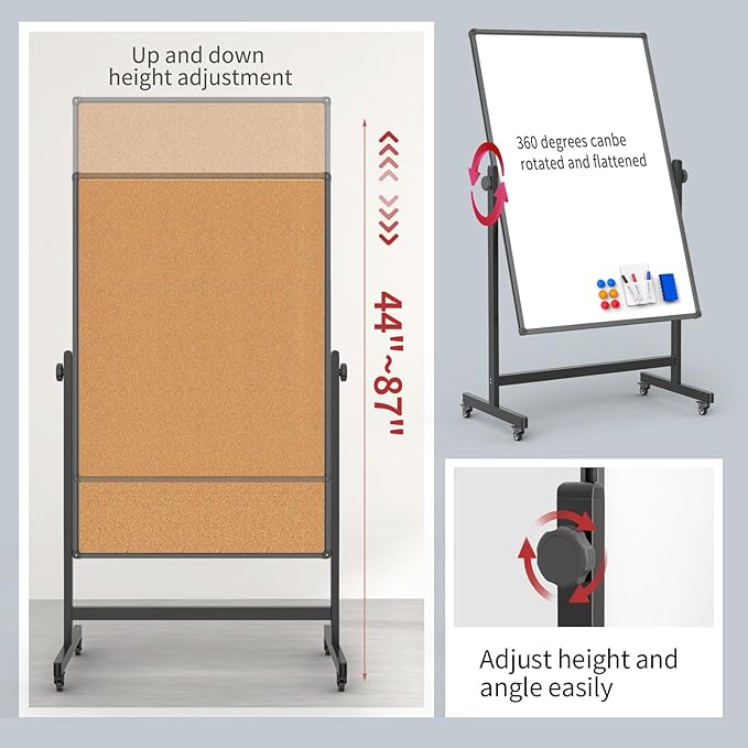 Double-Sided Corkboard Whiteboard, 32 x 48 Inches Dry Erase Board on Wheels, Height Adjustable, Portable Freestanding Board for Office, Planning, and Presentations (Cork & Black)