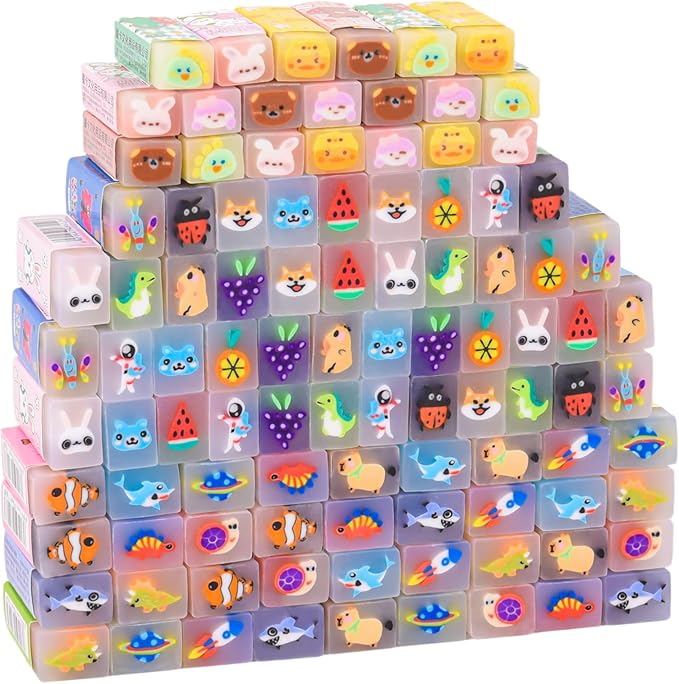 LiYiQ 100 Pcs Cute Eraser for Kids Bulk Kawaii Erasers for Classroom Fun Erasers for Back to School Supplies Kid Party Favors Gift