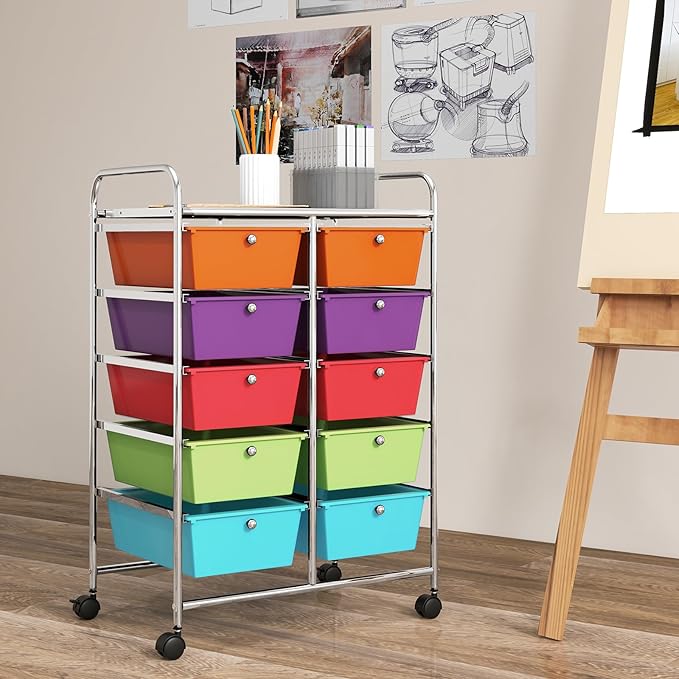 GOFLAME 10-Drawer Rolling Storage Cart, Art Craft Storage Organizer on Wheels, Multipurpose Movable Utility Cart for School, Office and Home, Multicolor
